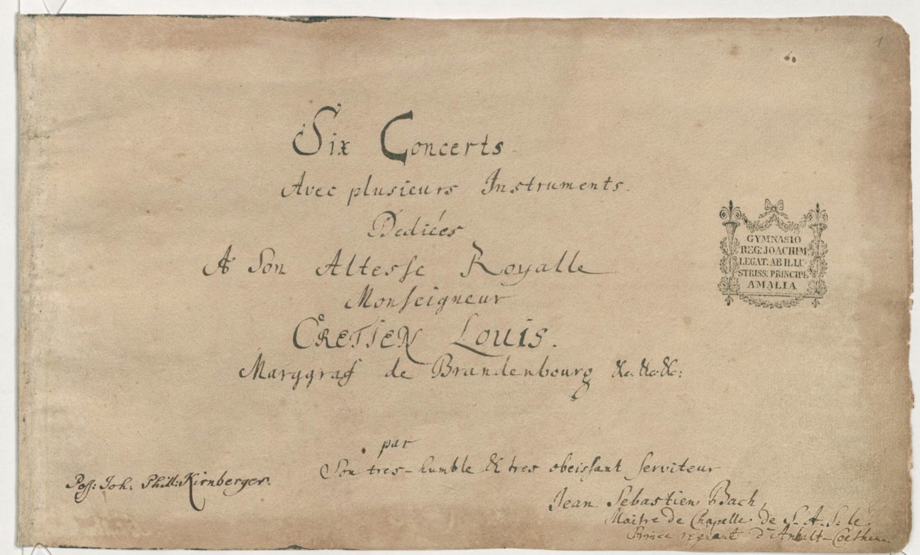 Cover page of the manuscript of Bach's Brandenburg Concertos, in the composers own hand