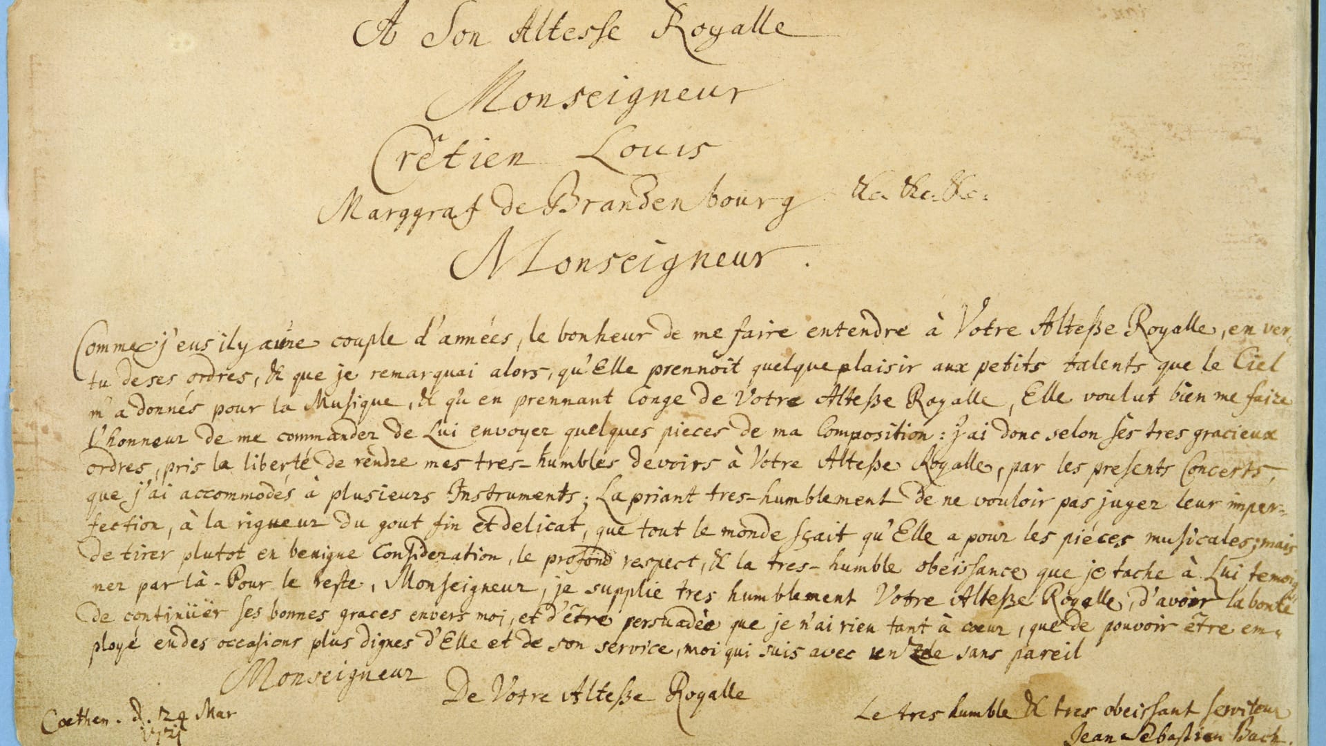 The preface to the Brandenburg Concertos written in JS Bach's hand