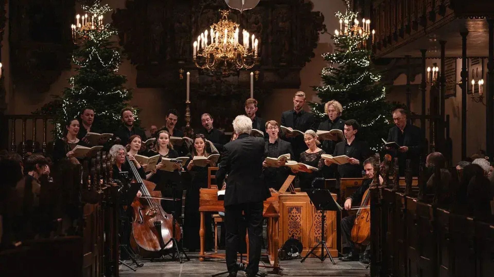 The OAE and the Mogens Dahl Chamber Choir performing Handel's Messiah in a church with Christmas trees behind