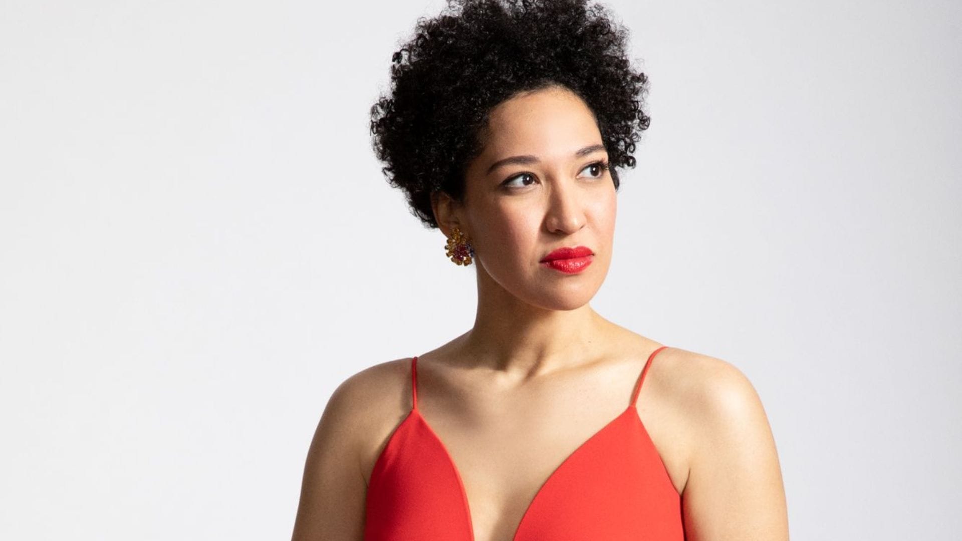 Singer Julia Bullock in a red dress