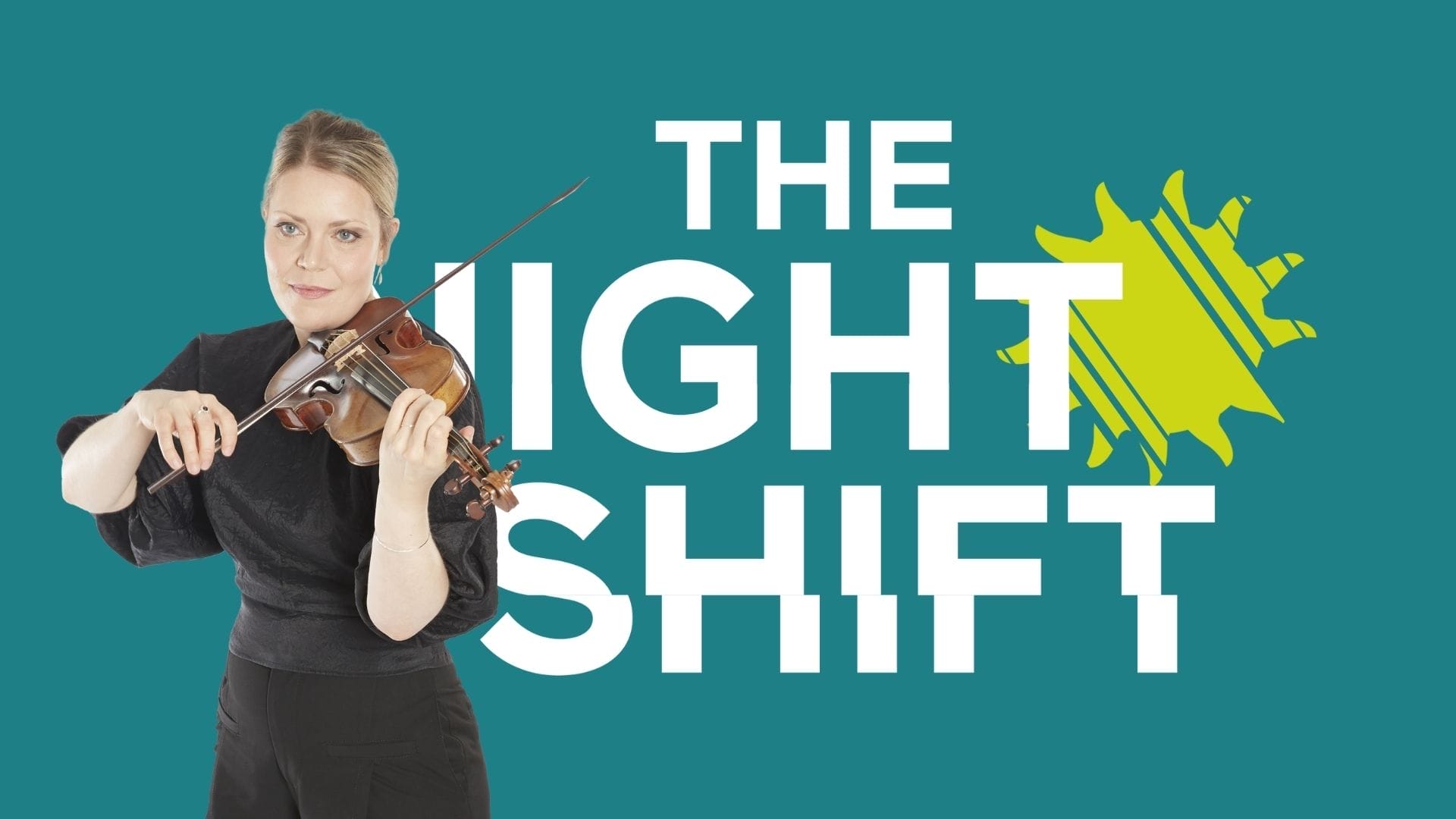 Violinist Julia Kuhn in front of the words THE NIGHT SHIFT on a teal background