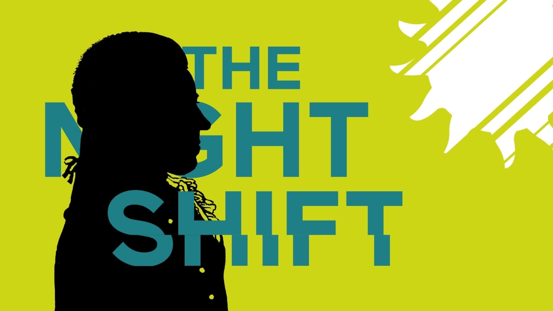 A silhouette of the clarinettist Anton Stadler on a lime background with the words THE NIGHT SHIFT in teal.