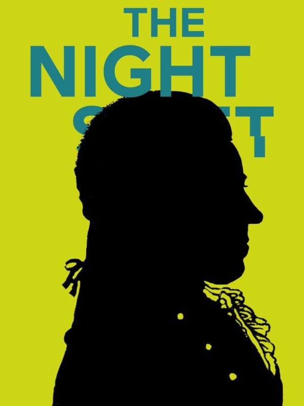 A silhouette of the clarinettist Anton Stadler on a lime background with the words THE NIGHT SHIFT in teal.