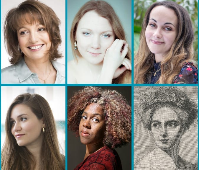 Headshot portraits of Roxanna Panufnik, Olga Pashchenko, Electra Perivolaris, Freya Waley-Cohen, Errollyn Wallen and Fanny Mendelssohn